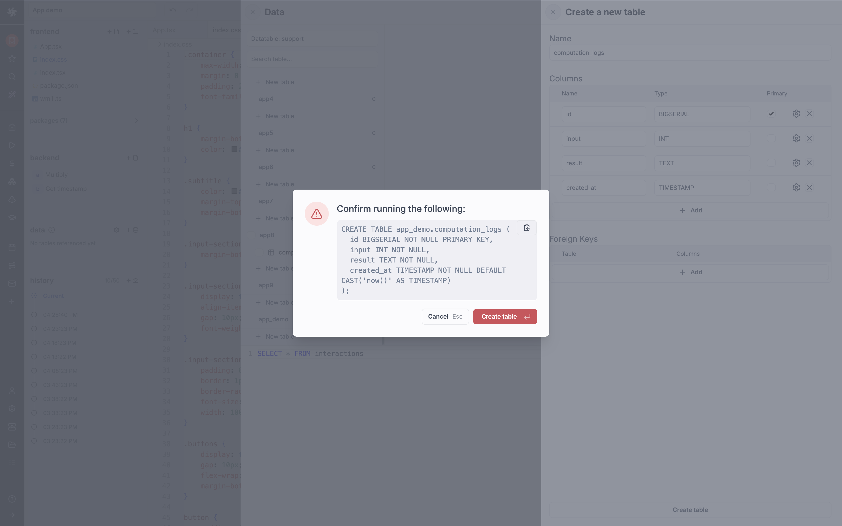 Create table columns Create table columns